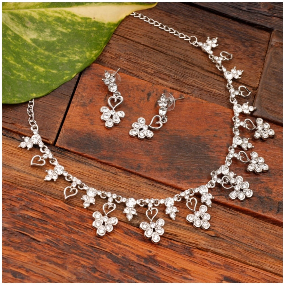 Amfyn Women's Rose Gold Plated Brass Necklace &amp; Earings Set (Silver)