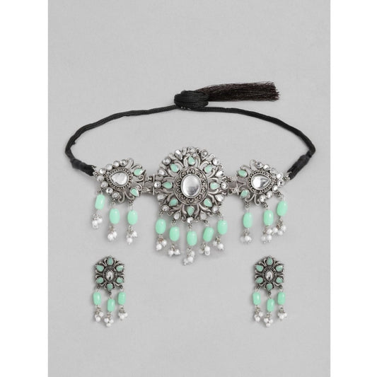 Amfyn Women's Rose Gold Plated Alloy Necklace &amp; Earings Set (Light Green)