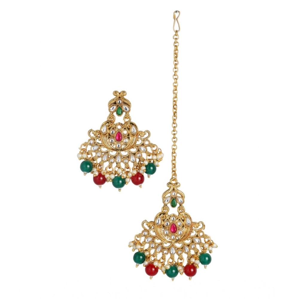 Amfyn Women's Rose Gold Plated Alloy Kundan Earrings &amp; Mangtikka (Red &amp; Green)