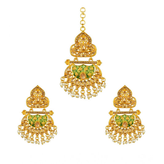 Amfyn Women's Rose Gold Plated Alloy Kundan Earrings &amp; Mangtikka (Green)