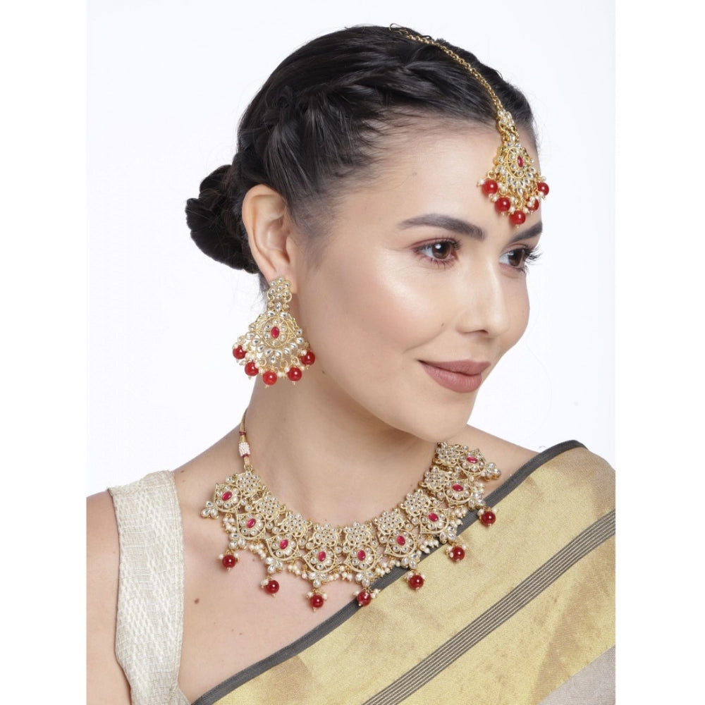 Fashion Women's Rose Gold Plated Alloy Necklace &amp; Earings Set (Red)