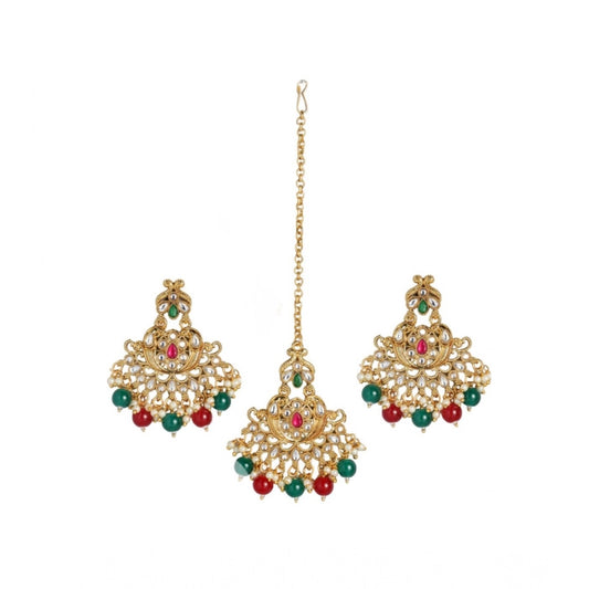 Amfyn Women's Rose Gold Plated Alloy Kundan Earrings &amp; Mangtikka (Red &amp; Green)