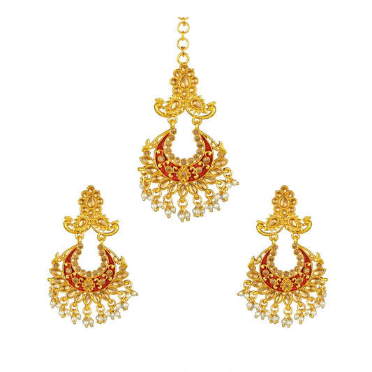 Amfyn Women's Rose Gold Plated Alloy Kundan Earrings &amp; Mangtikka (Maroon)