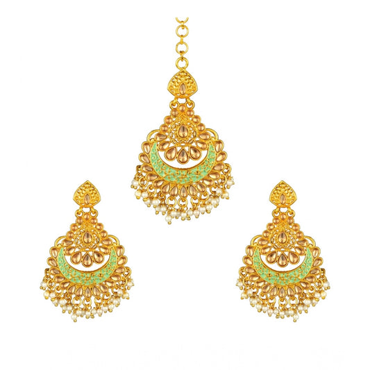 Amfyn Women's Rose Gold Plated Alloy Kundan Earrings &amp; Mangtikka (Green)