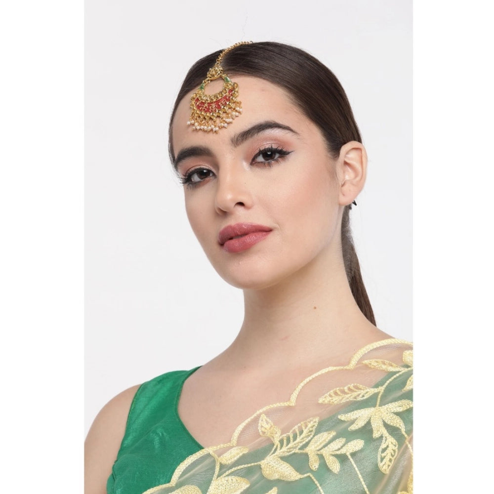 Amfyn Women's Rose Gold Plated Alloy Kundan Earrings &amp; Mangtikka (Red &amp; Green)