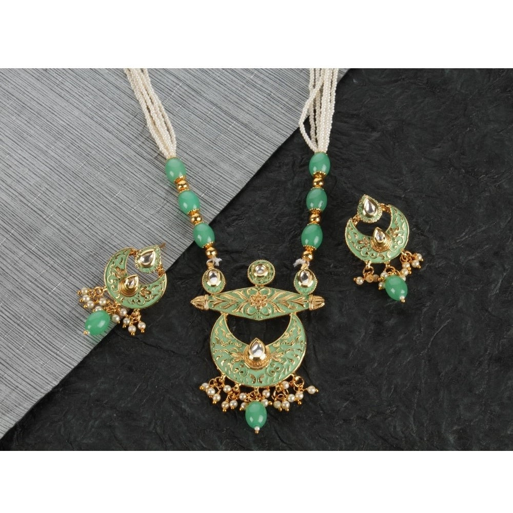 Amfyn Women's Rose Gold Plated Alloy Necklace &amp; Earings Set (Green)