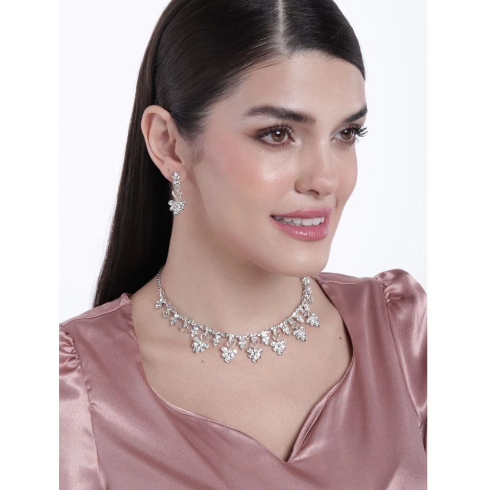 Amfyn Women's Rose Gold Plated Brass Necklace &amp; Earings Set (Silver)