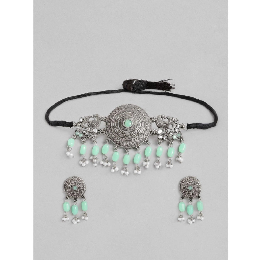 Amfyn Women's Rose Gold Plated Alloy Necklace &amp; Earings Set (Light Green)