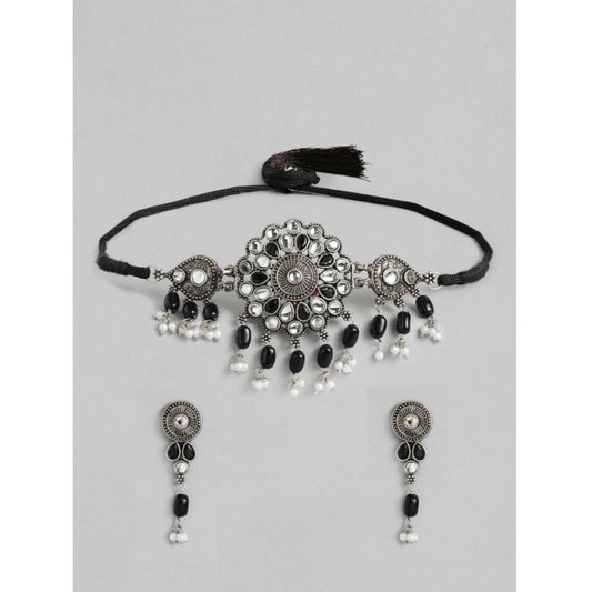 Amfyn Women's Rose Gold Plated Alloy Necklace &amp; Earings Set (Black)