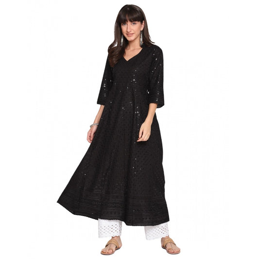 Amfyn Women's Casual 3/4th Sleeve Chikan Embroidery Cotton Kurti (Black)