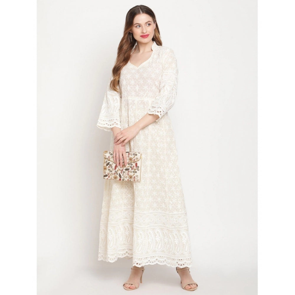 Amfyn Women's Casual 3/4th Sleeve Embroidered Cotton Kurti (White)