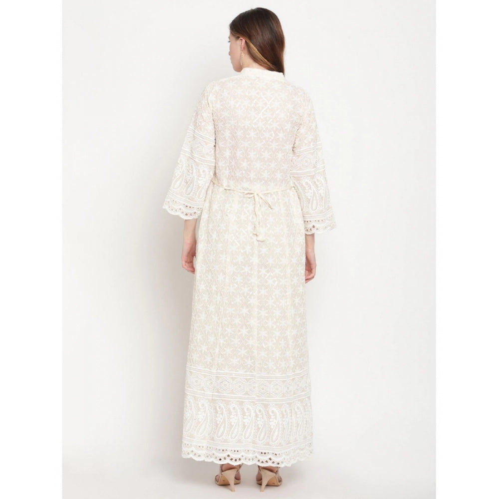 Amfyn Women's Casual 3/4th Sleeve Embroidered Cotton Kurti (White)