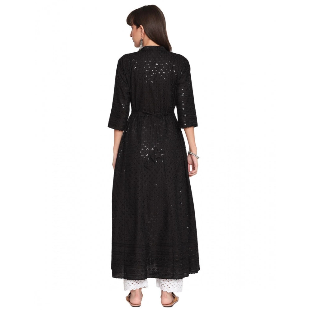 Amfyn Women's Casual 3/4th Sleeve Chikan Embroidery Cotton Kurti (Black)