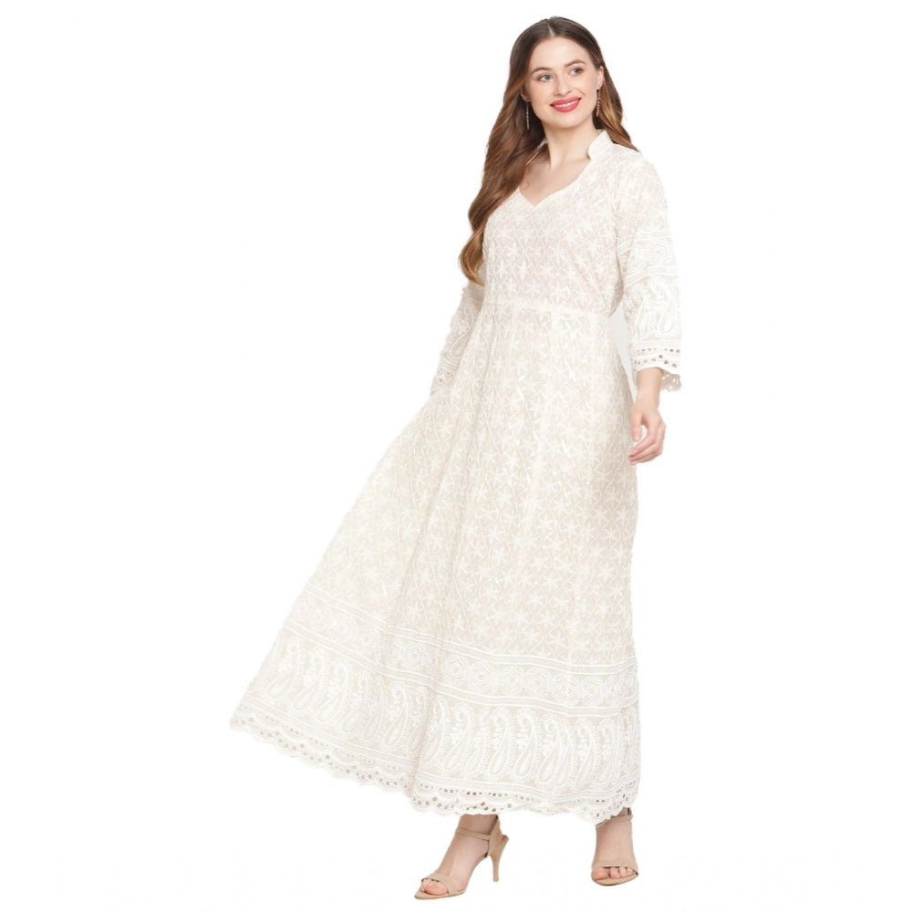 Amfyn Women's Casual 3/4th Sleeve Embroidered Cotton Kurti (White)
