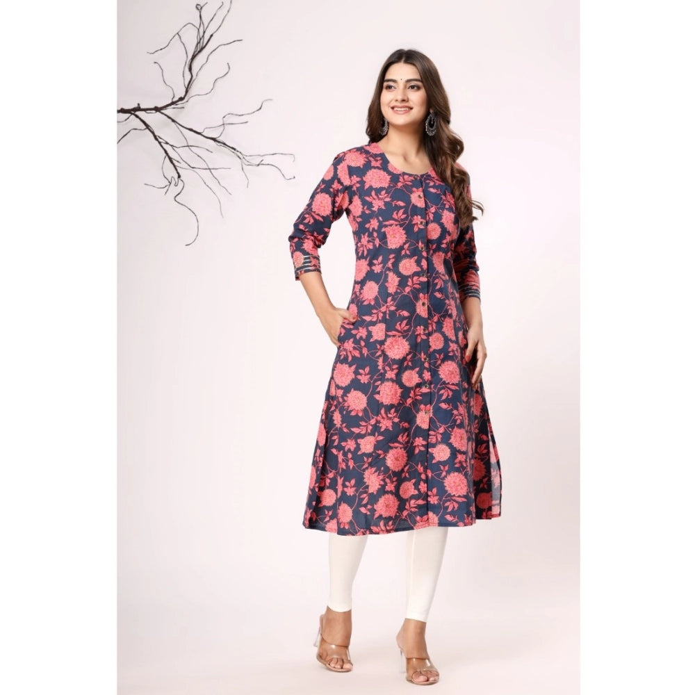 Amfyn Women's Casual 3/4th Sleeve Floral Printed Cotton Flex Kurti (Navy Blue-Pink)