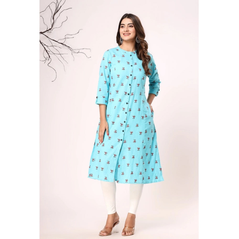 Amfyn Women's Casual 3/4th Sleeve Floral Printed Cotton Flex Kurti (Blue)