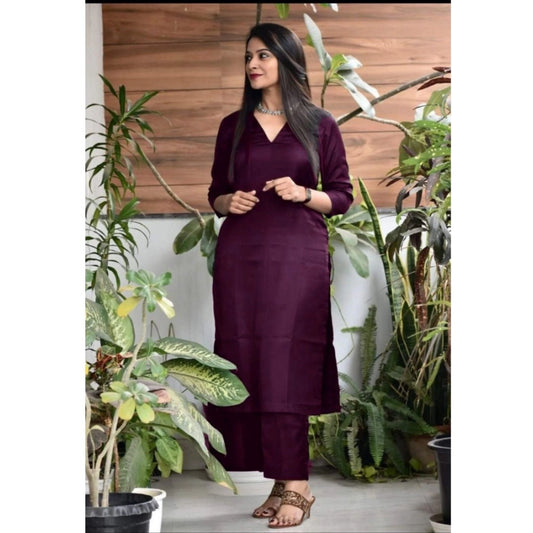 Amfyn Women's Casual 3/4th Sleeve Solid Jam Cotton kurti With Pant Set (Purple)