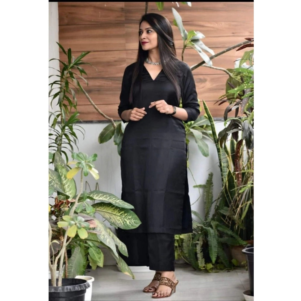 Amfyn Women's Casual 3/4th Sleeve Solid Jam Cotton kurti With Pant Set (Black)