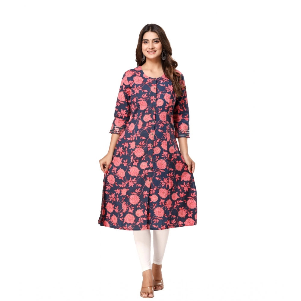 Amfyn Women's Casual 3/4th Sleeve Floral Printed Cotton Flex Kurti (Navy Blue-Pink)