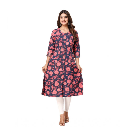 Amfyn Women's Casual 3/4th Sleeve Floral Printed Cotton Flex Kurti (Navy Blue-Pink)