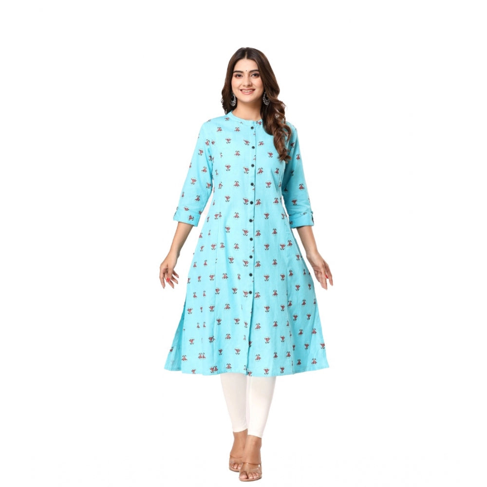 Amfyn Women's Casual 3/4th Sleeve Floral Printed Cotton Flex Kurti (Blue)