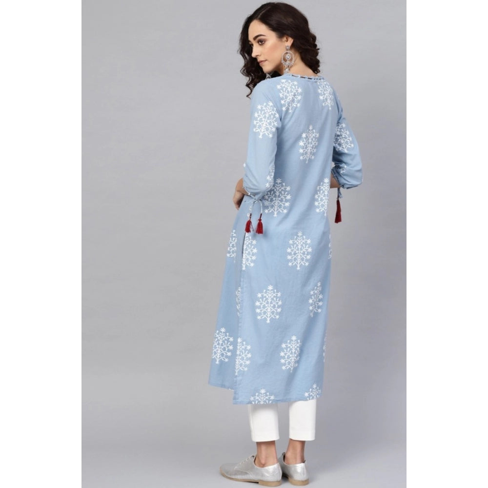 Amfyn Women's Casual 3/4 th Sleeve Embroidery Cambric Cotton Kurti (Blue)