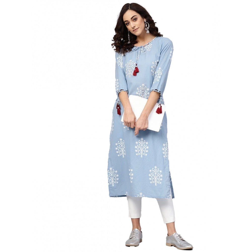 Amfyn Women's Casual 3/4 th Sleeve Embroidery Cambric Cotton Kurti (Blue)