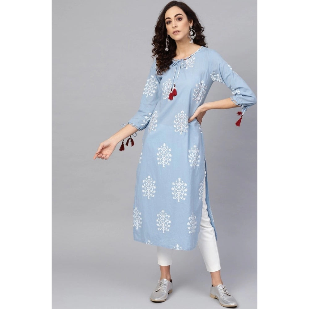 Amfyn Women's Casual 3/4 th Sleeve Embroidery Cambric Cotton Kurti (Blue)