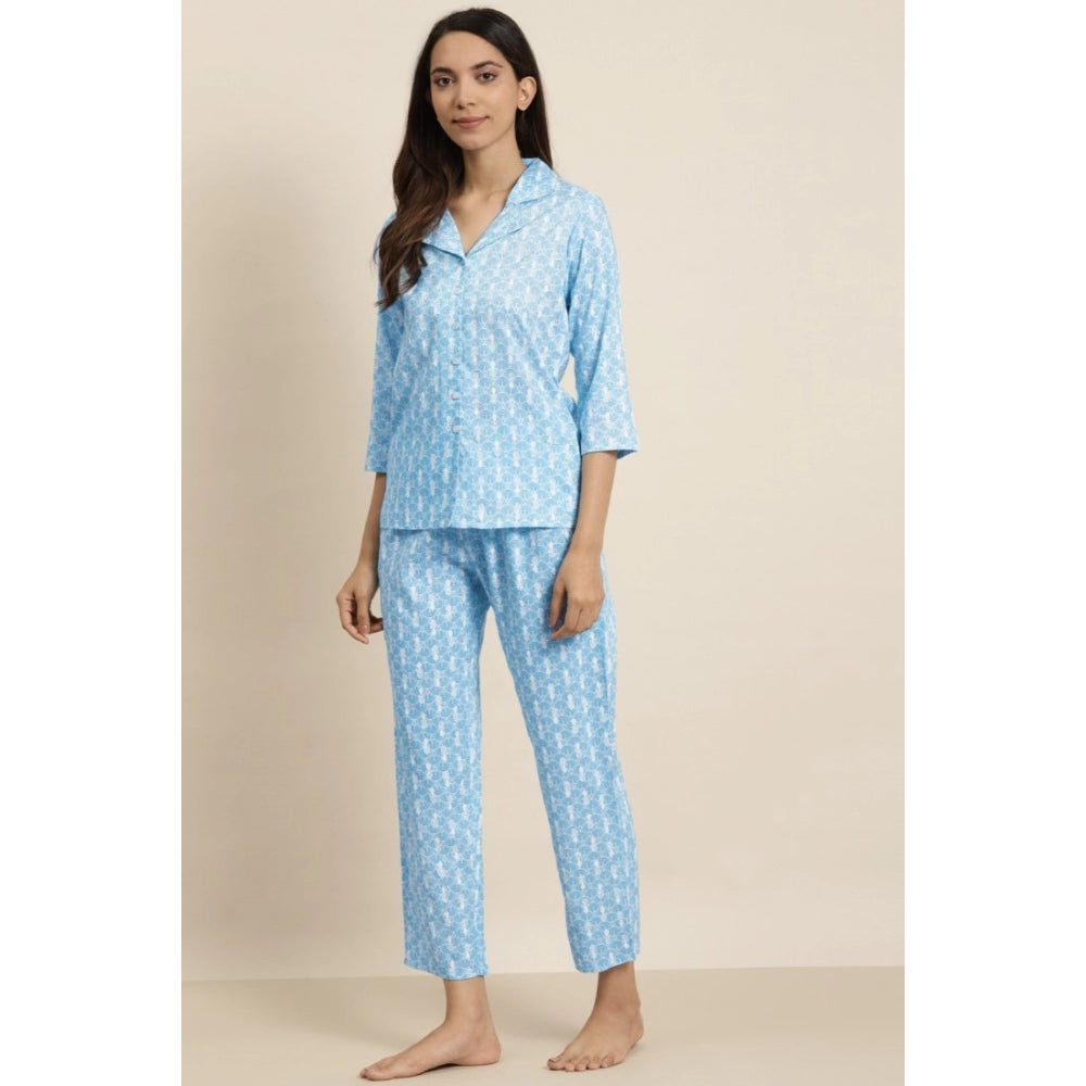 Amfyn Women's Casual 3/4 th Sleeve Floral Printed Rayon Shirt With Pyjama Pant Night Suit Set (Blue)