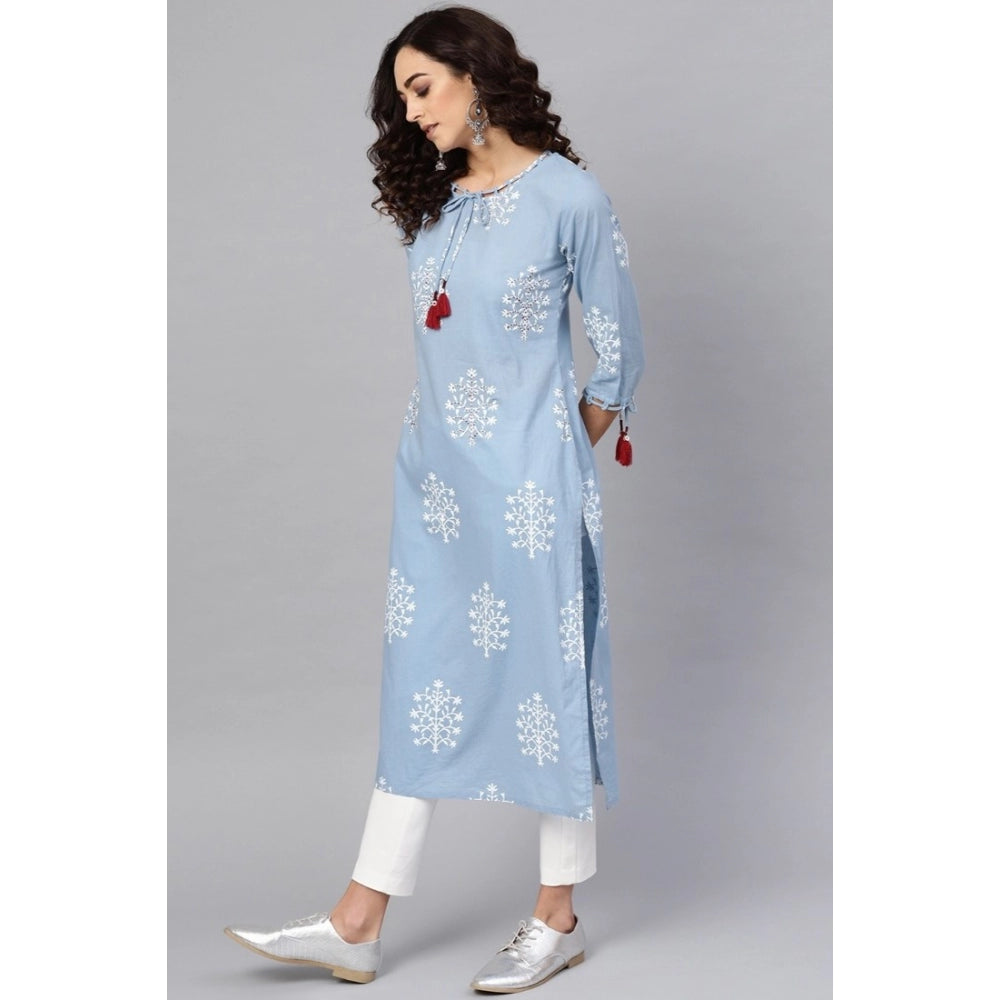 Amfyn Women's Casual 3/4 th Sleeve Embroidery Cambric Cotton Kurti (Blue)