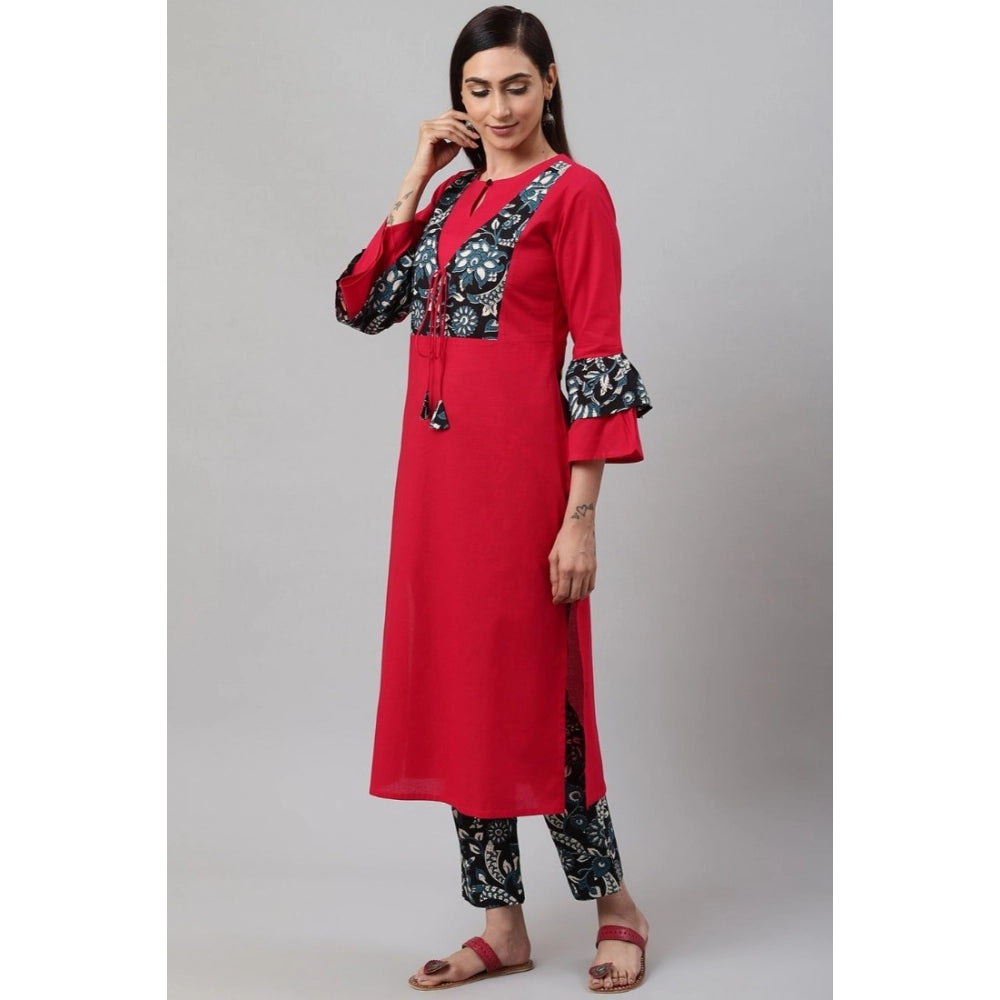 Amfyn Women's Casual Bell Sleeves Floral Printed Cotton Kurti Set (Rani Pink)