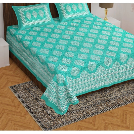 Amfyn Cotton Printed Queen Size Bedsheet With 2 Pillow Covers (Sea Green, 90x100 Inch)
