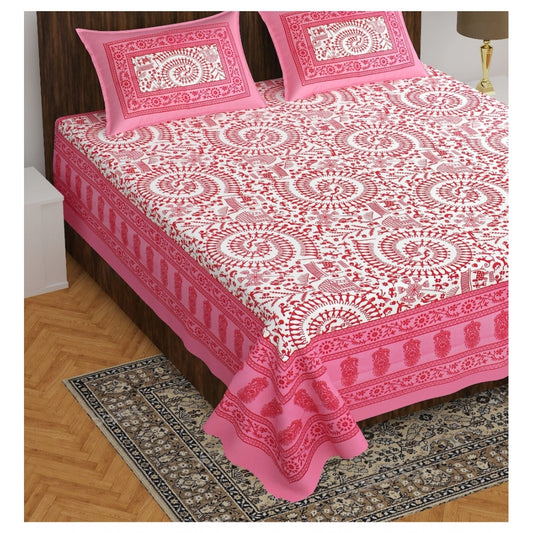 Amfyn Cotton Printed Queen Size Bedsheet With 2 Pillow Covers (Pink, 90x100 Inch)