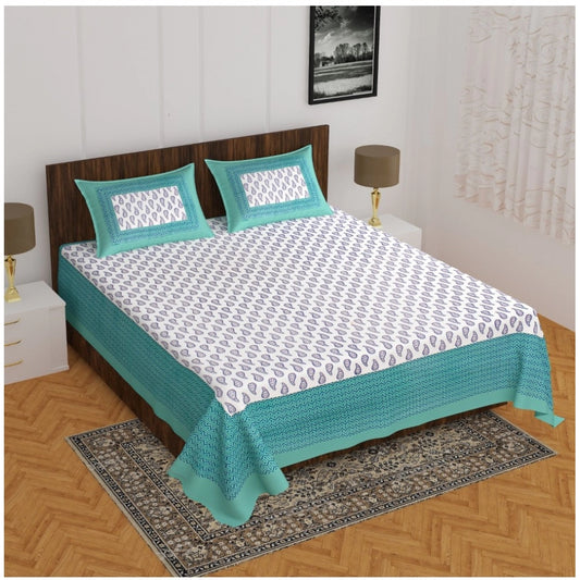 Amfyn Cotton Printed Queen Size Bedsheet With 2 Pillow Covers (Light Green, 90x100 Inch)