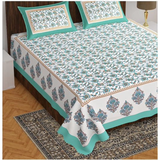 Amfyn Cotton Printed Queen Size Bedsheet With 2 Pillow Covers (Sea Green, 90x100 Inch)