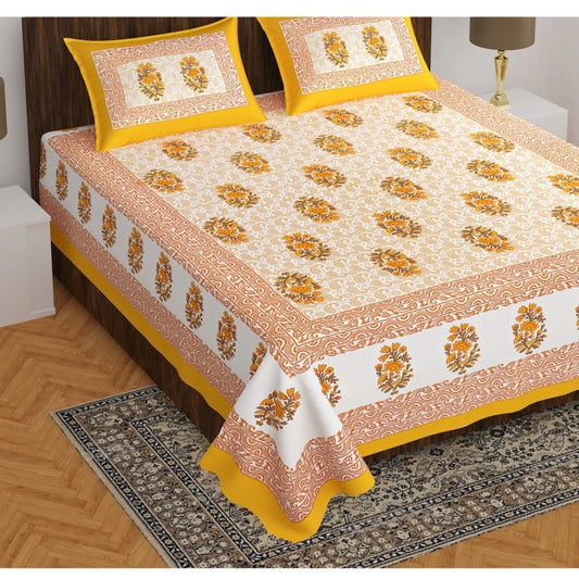 Amfyn Cotton Printed Queen Size Bedsheet With 2 Pillow Covers (Mustard, 90x100 Inch)