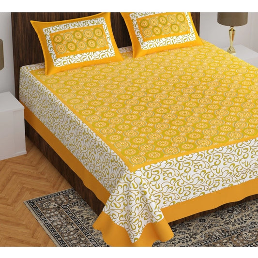 Amfyn Cotton Printed Queen Size Bedsheet With 2 Pillow Covers (Mustard, 90x100 Inch)