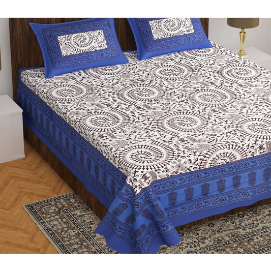 Amfyn Cotton Printed Queen Size Bedsheet With 2 Pillow Covers (Blue, 90x100 Inch)