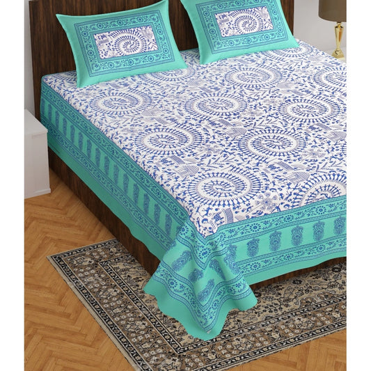 Amfyn Cotton Printed Queen Size Bedsheet With 2 Pillow Covers (Sea Green, 90x100 Inch)