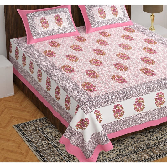 Amfyn Cotton Printed Queen Size Bedsheet With 2 Pillow Covers (Pink, 90x100 Inch)