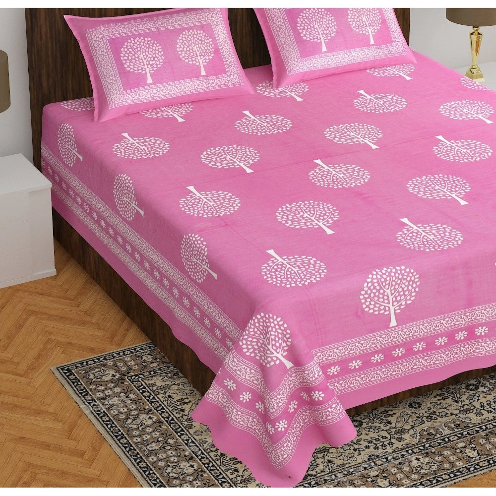 Amfyn Cotton Printed Queen Size Bedsheet With 2 Pillow Covers (Pink, 90x100 Inch)