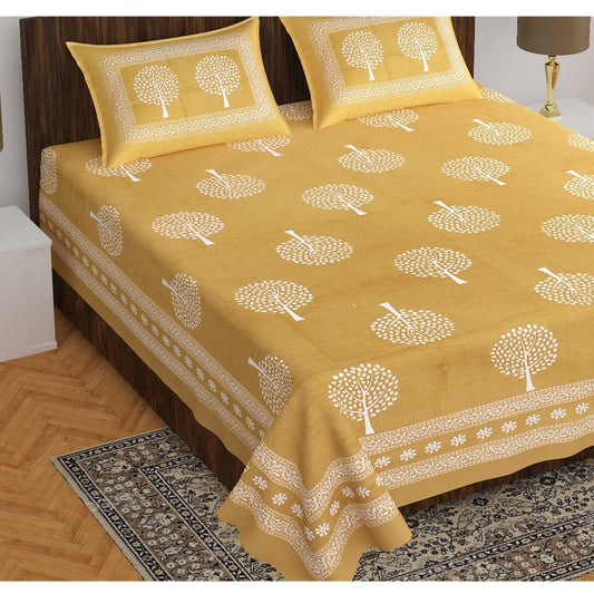 Amfyn Cotton Printed Queen Size Bedsheet With 2 Pillow Covers (Mustard, 90x100 Inch)
