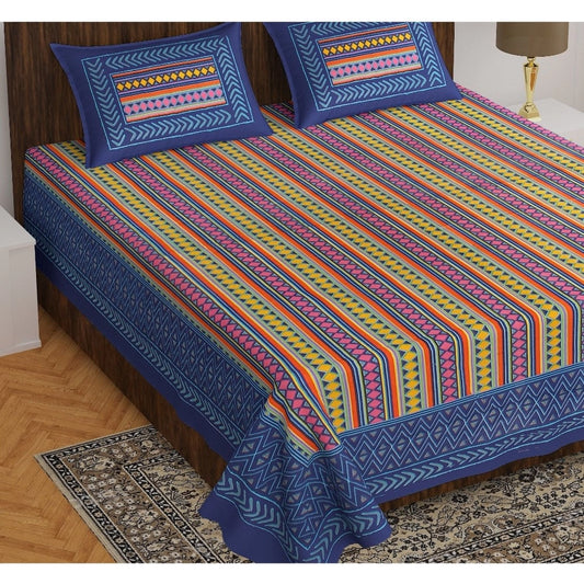 Amfyn Cotton Printed Queen Size Bedsheet With 2 Pillow Covers (Blue, 90x100 Inch)