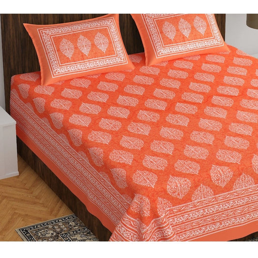 Amfyn Cotton Printed Queen Size Bedsheet With 2 Pillow Covers (Orange, 90x100 Inch)