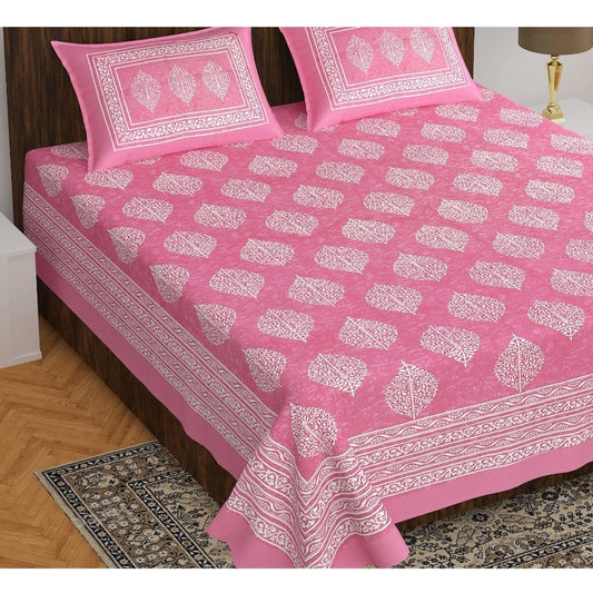 Amfyn Cotton Printed Queen Size Bedsheet With 2 Pillow Covers (Pink, 90x100 Inch)