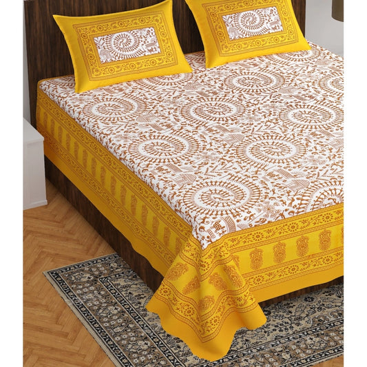 Amfyn Cotton Printed Queen Size Bedsheet With 2 Pillow Covers (Yellow, 90x100 Inch)