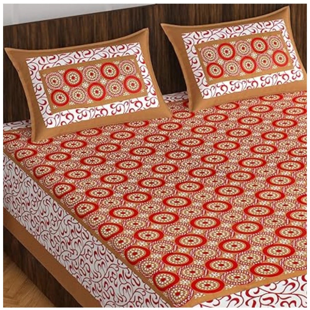 Amfyn Cotton Printed Queen Size Bedsheet With 2 Pillow Covers (Light Brown, 90x100 Inch)