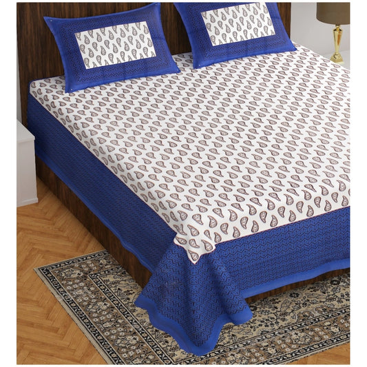 Amfyn Cotton Printed Queen Size Bedsheet With 2 Pillow Covers (Blue, 90x100 Inch)