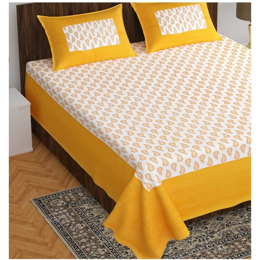 Amfyn Cotton Printed Queen Size Bedsheet With 2 Pillow Covers (Yellow, 90x100 Inch)