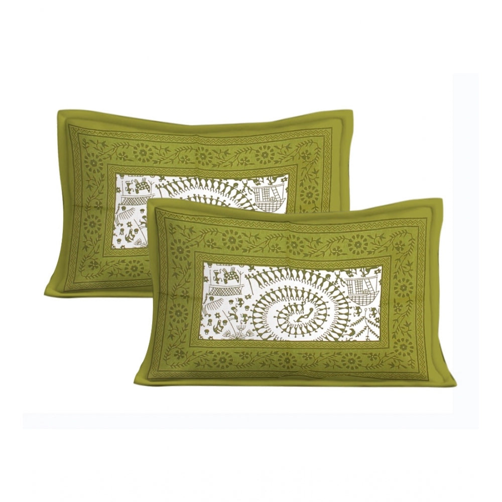 Amfyn Cotton Printed Queen Size Bedsheet With 2 Pillow Covers (Green, 90x100 Inch)